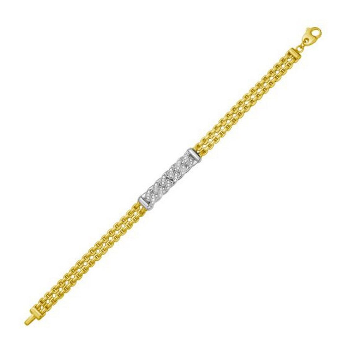 14K Yellow Gold Polished Venetian Link Diamond Pave Curb Bar Bracelet