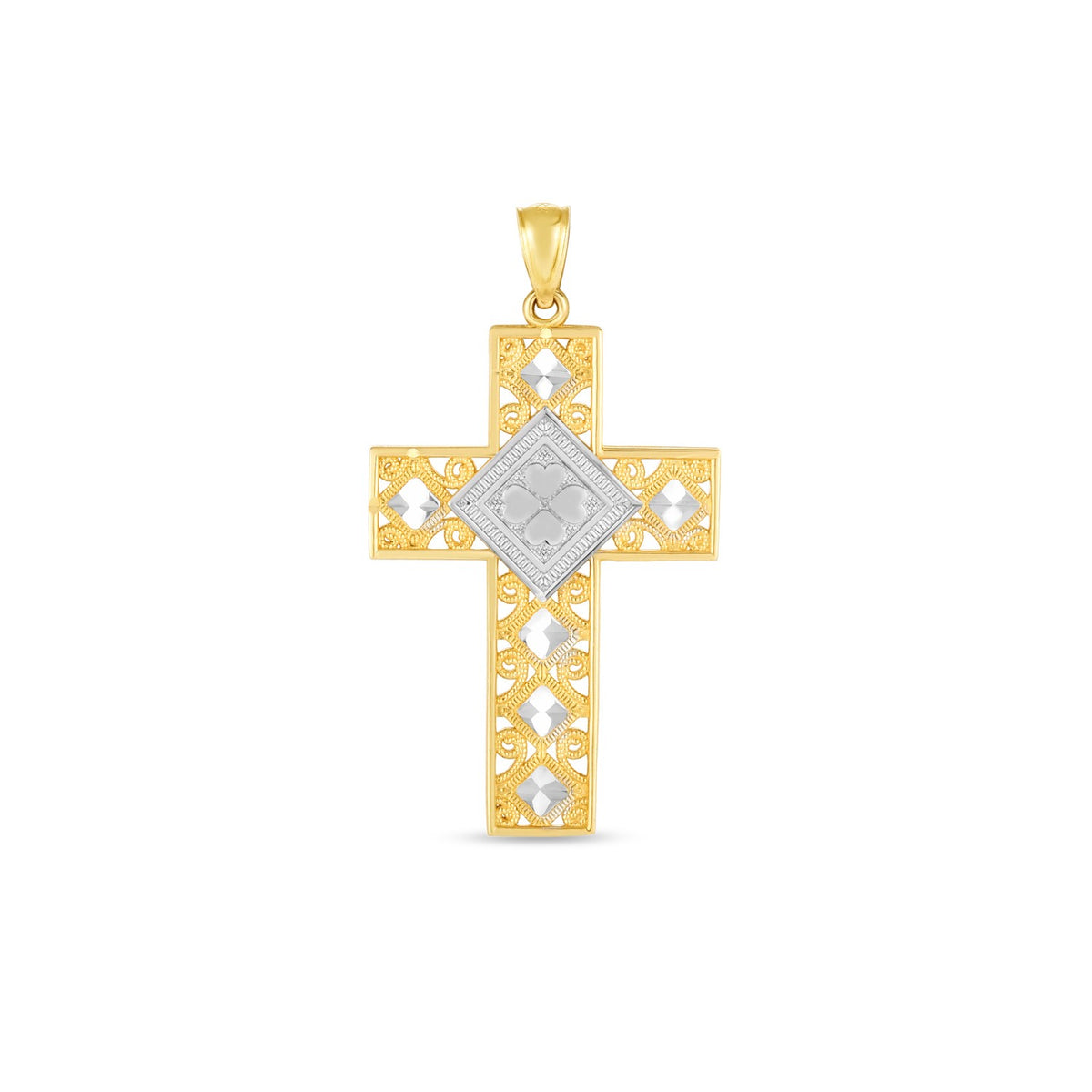 14k Two Tone Gold High Polish Diamond Cut Cross Pendant - 4993