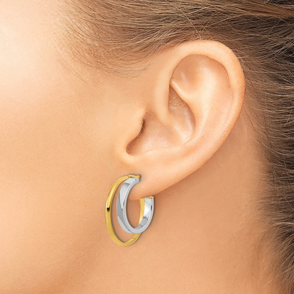 Polished 2-Row J-Hoop Post Earrings - Yellow Gold with Rhodium