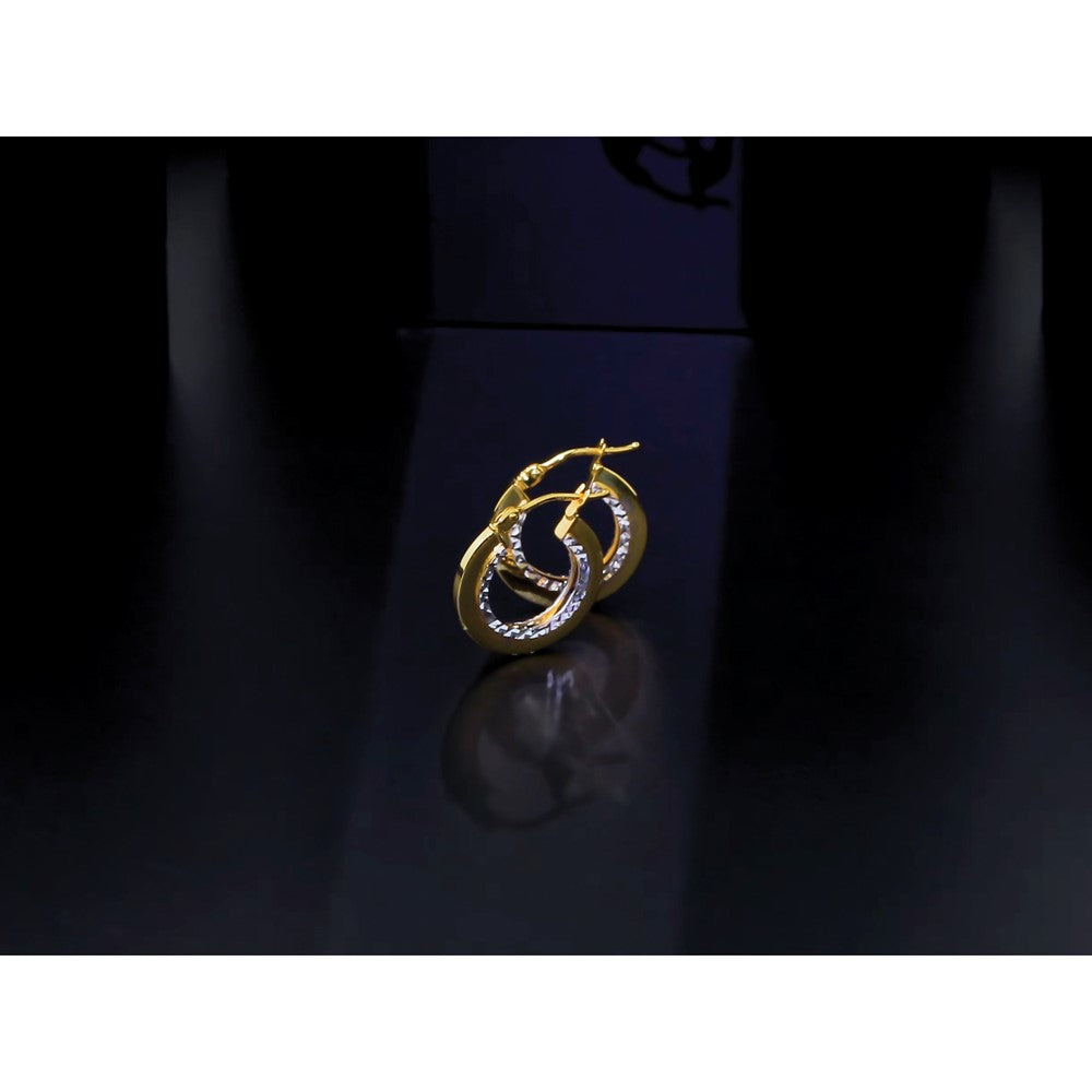 Polished and Diamond-cut Round Hoop Earrings - Yellow Gold with Rhodium
