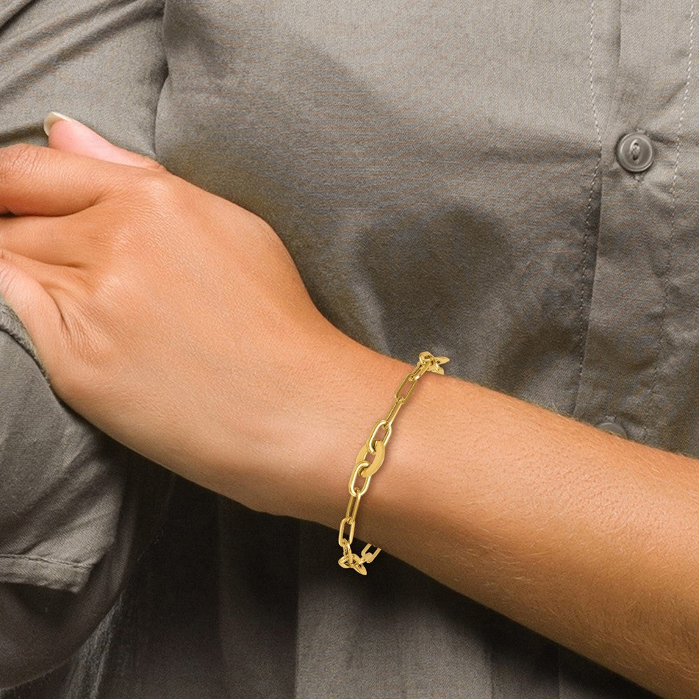 Polished Flat Oval and Paperclip Link Bracelet 7.25"