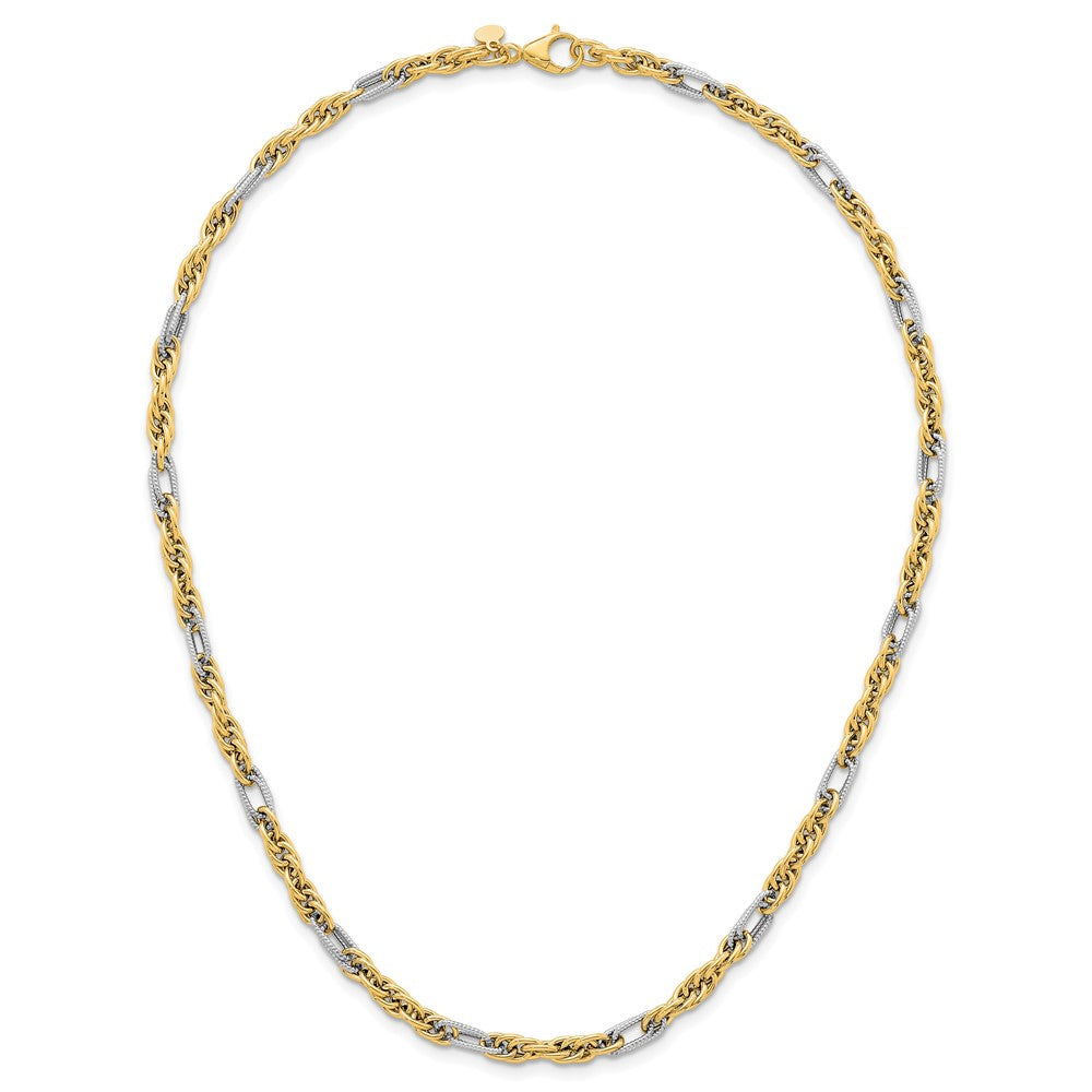 Polished Fancy Link Necklace 18" - Yellow Gold with Rhodium