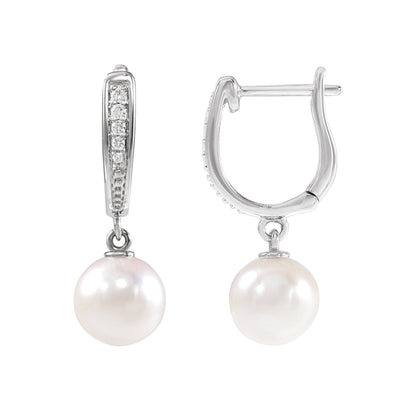 Cultured White Akoya Pearl & .03 CTW Natural Diamond Earrings