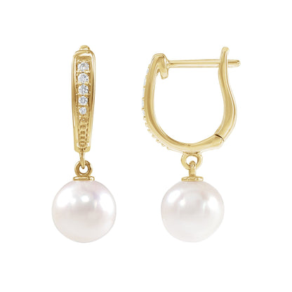 Cultured White Akoya Pearl & .03 CTW Natural Diamond Earrings