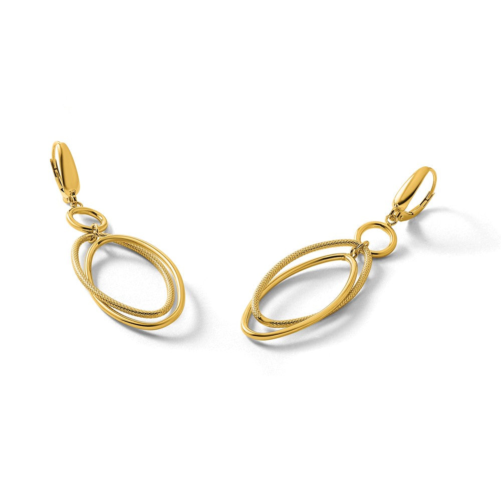 10K Polished and Textured Oval Dangle Leverback Earrings
