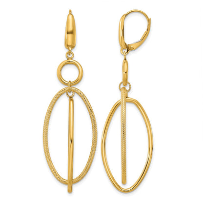 10K Polished and Textured Oval Dangle Leverback Earrings