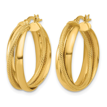 10K Polished and Textured Round Hoop Earrings