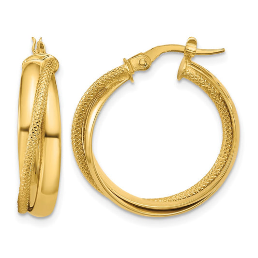 10K Polished and Textured Round Hoop Earrings