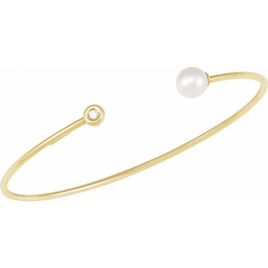 Cultured White Freshwater Pearl & .03 CT Natural Diamond Cuff 7" Bracelet