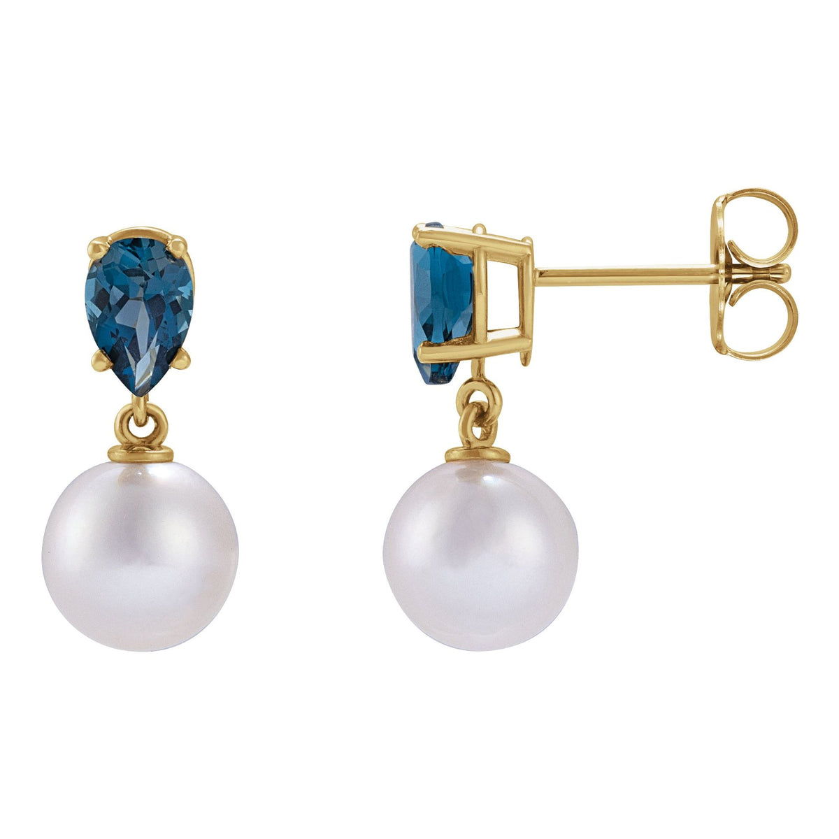 Cultured White Akoya Pearl & Natural London Blue Topaz Earrings
