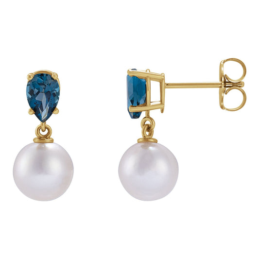 Cultured White Akoya Pearl & Natural London Blue Topaz Earrings