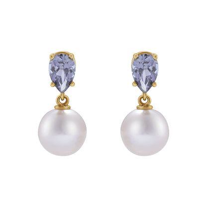 Cultured White Akoya Pearl & Natural Tanzanite Earrings