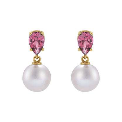 Cultured White Akoya Pearl & Natural Pink Tourmaline Earrings