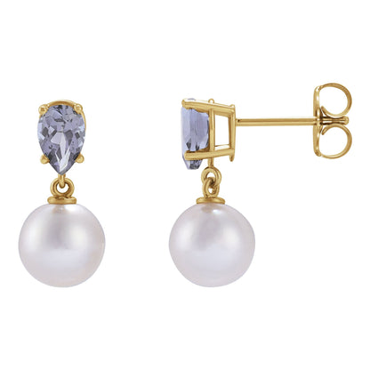 Cultured White Akoya Pearl & Natural Tanzanite Earrings