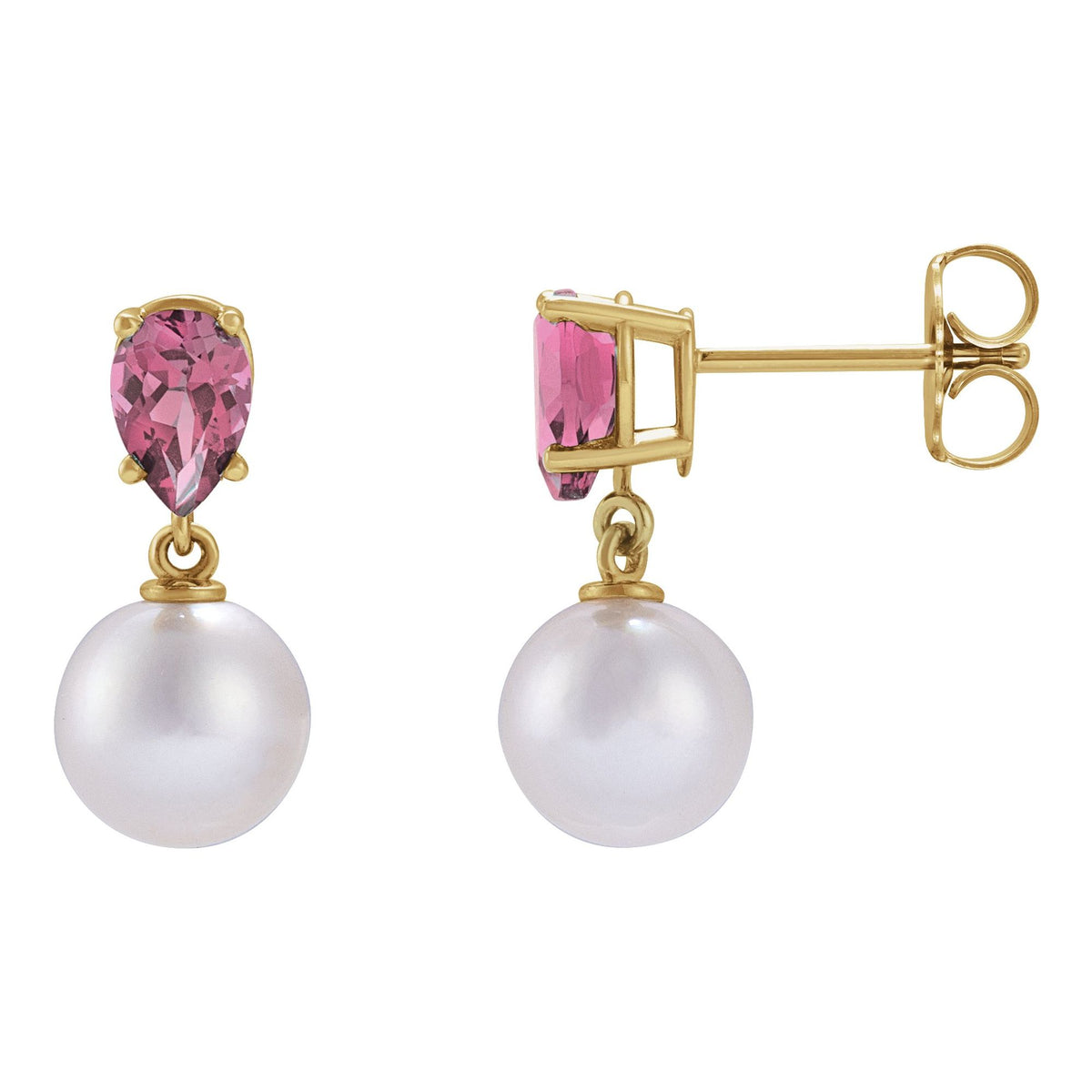 Cultured White Akoya Pearl & Natural Pink Tourmaline Earrings