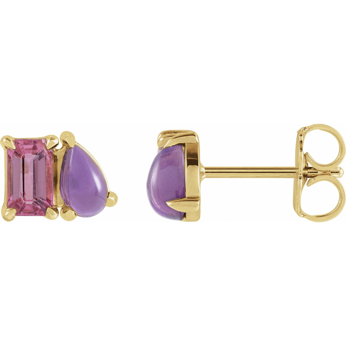 Natural Pink Tourmaline & Natural Amethyst Two-Stone Stud Earrings