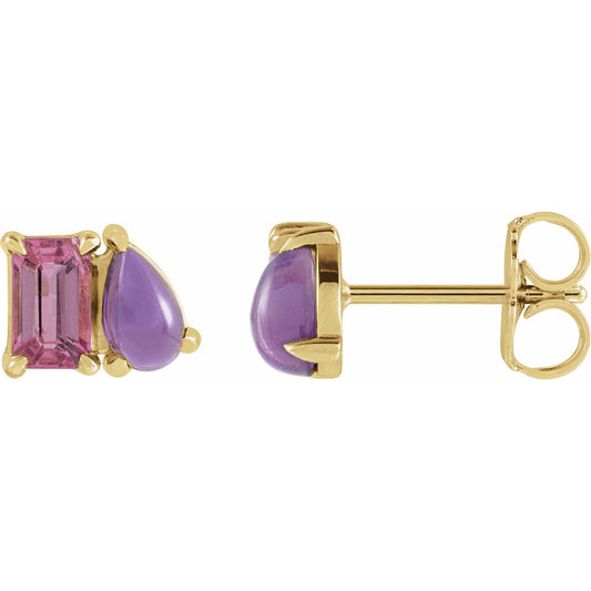 Natural Pink Tourmaline & Natural Amethyst Two-Stone Stud Earrings
