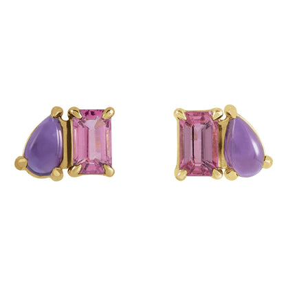 Natural Pink Tourmaline & Natural Amethyst Two-Stone Stud Earrings
