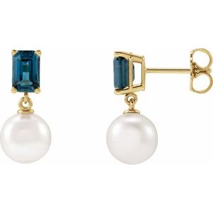 Akoya Pearl & Natural London Blue Topaz Earrings - Emerald-Cut
