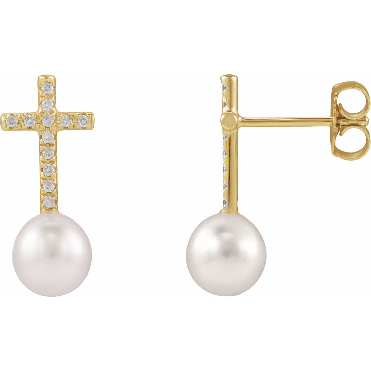 Cultured White Freshwater Pearl & 1/8 CTW Natural Diamond Cross Earrings
