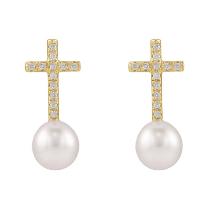 Cultured White Freshwater Pearl & 1/8 CTW Natural Diamond Cross Earrings