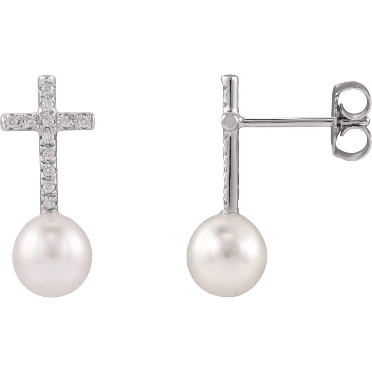Cultured White Freshwater Pearl & 1/8 CTW Natural Diamond Cross Earrings