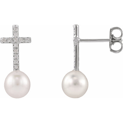 Cultured White Freshwater Pearl & 1/8 CTW Natural Diamond Cross Earrings