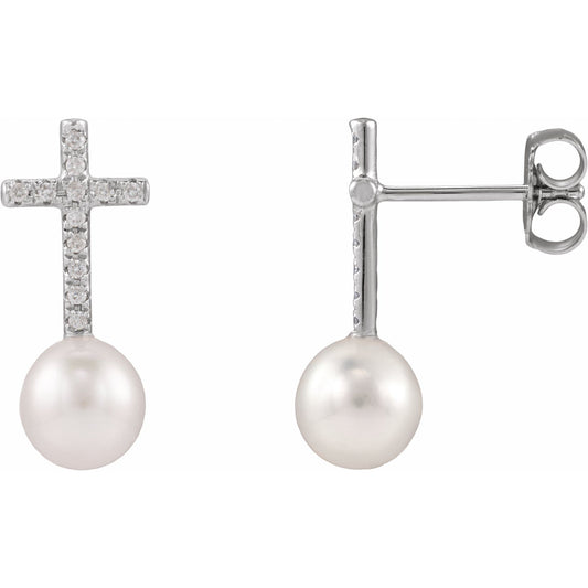 Cultured White Freshwater Pearl & 1/8 CTW Natural Diamond Cross Earrings