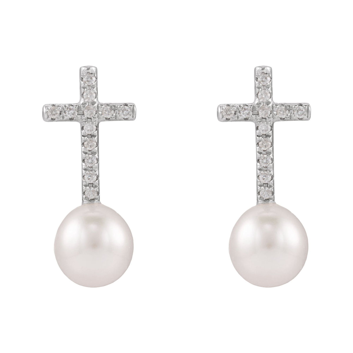 Cultured White Freshwater Pearl & 1/8 CTW Natural Diamond Cross Earrings