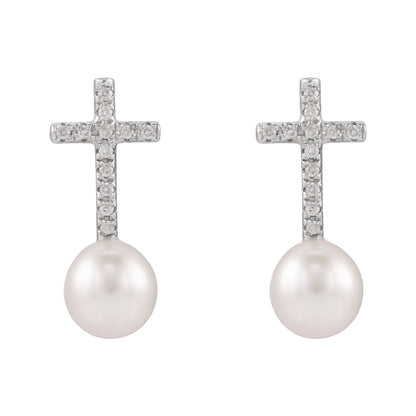 Cultured White Freshwater Pearl & 1/8 CTW Natural Diamond Cross Earrings