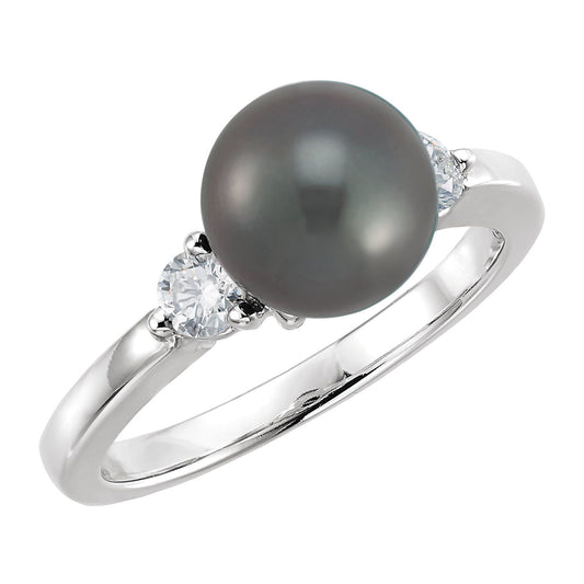 Cultured Black Akoya Pearl & 1/4 CTW Natural Diamond Ring