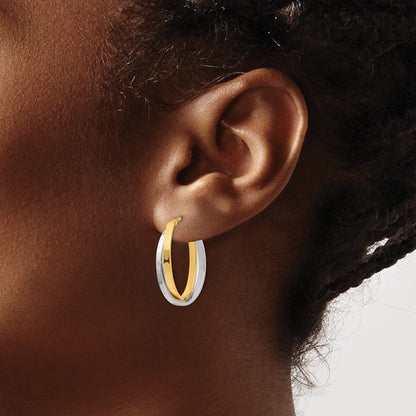 Polished Double Oval Hoop Earrings - Yellow Gold with Rhodium