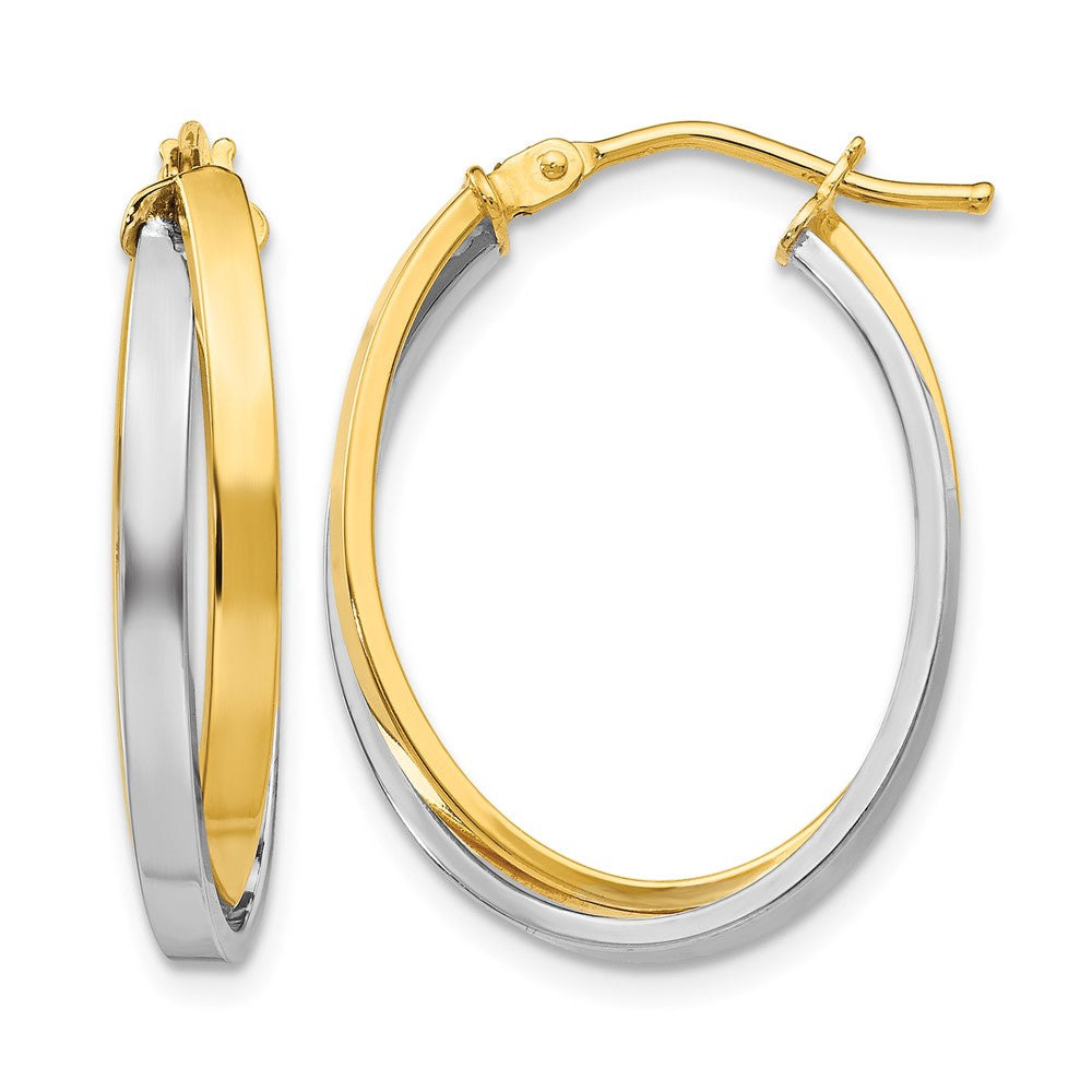 Polished Double Oval Hoop Earrings - Yellow Gold with Rhodium