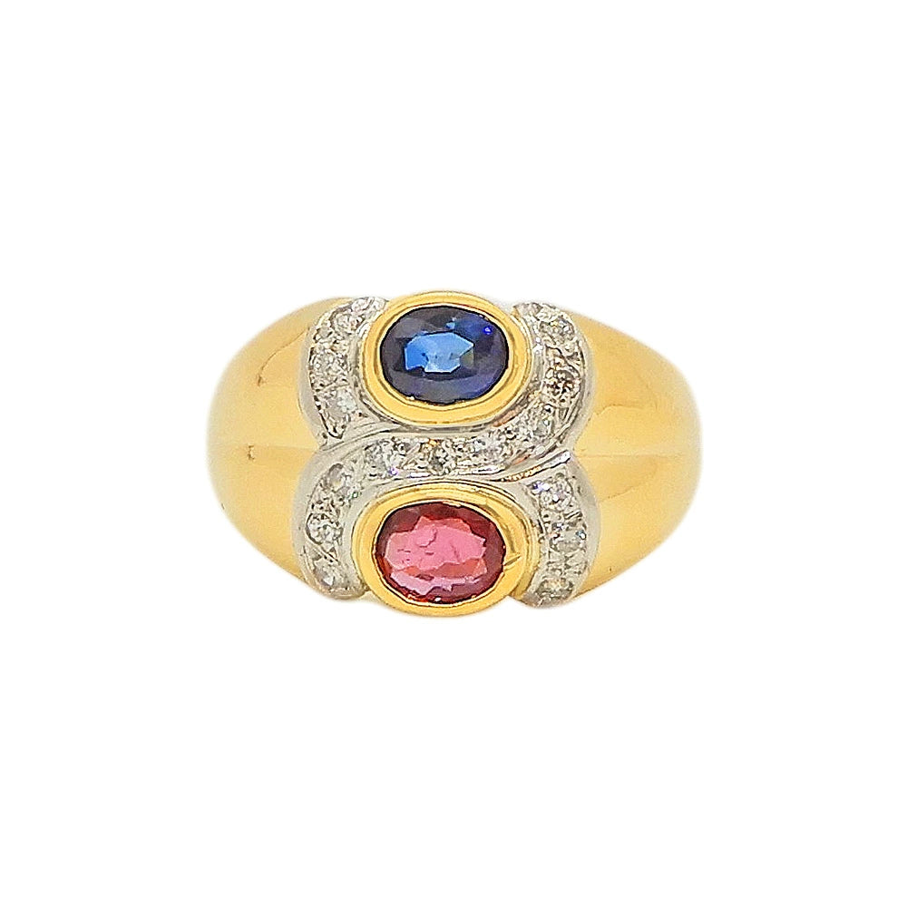 18K Yellow Gold & Platinum 900 Ruby 0.34ct Sapphire 0.36ct Diamond Ring
