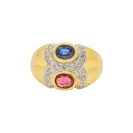18K Yellow Gold & Platinum 900 Ruby 0.34ct Sapphire 0.36ct Diamond Ring