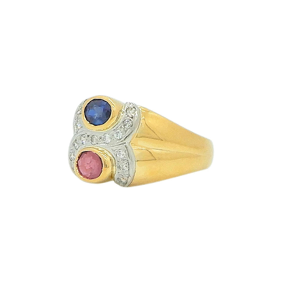 18K Yellow Gold & Platinum 900 Ruby 0.34ct Sapphire 0.36ct Diamond Ring