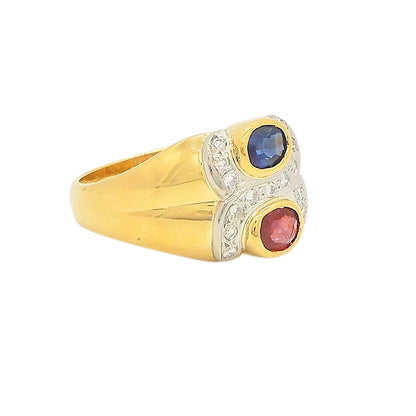 18K Yellow Gold & Platinum 900 Ruby 0.34ct Sapphire 0.36ct Diamond Ring