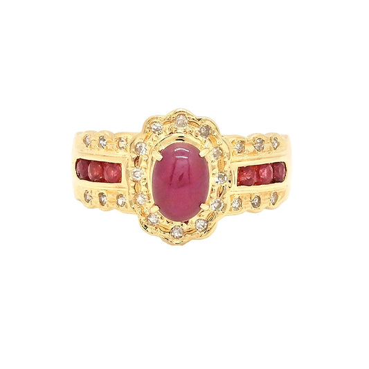 18K Yellow Gold Cabochon Ruby & Diamond Halo Ring