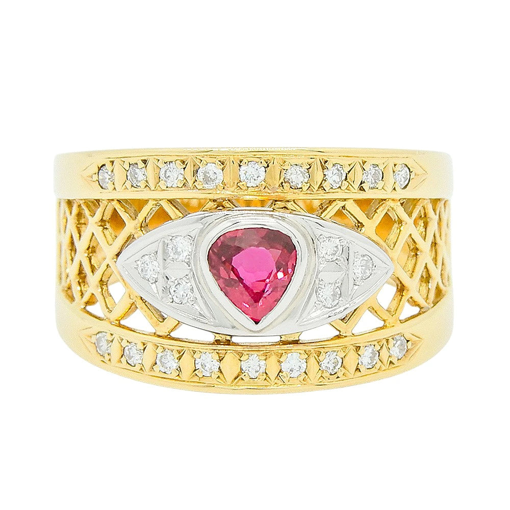 18K Yellow Gold Ruby 0.38ct Diamond 0.17ct Lattice Ring
