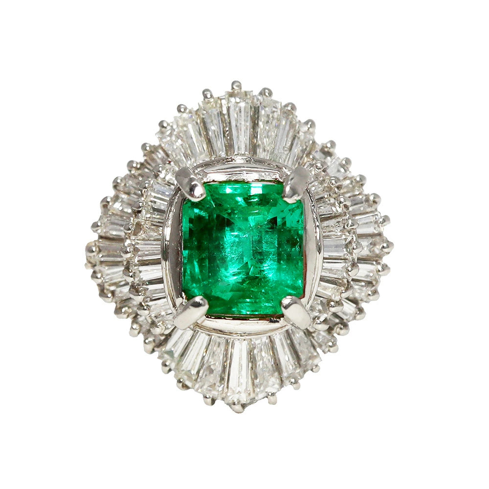 Platinum 900 Emerald 1.23ct Diamond 1.06ct Ballerina Ring