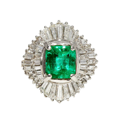 Platinum 900 Emerald 1.23ct Diamond 1.06ct Ballerina Ring