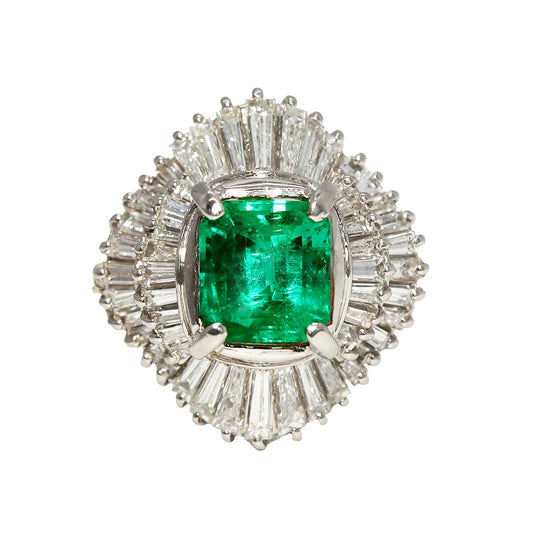 Platinum 900 Emerald 1.23ct Diamond 1.06ct Ballerina Ring