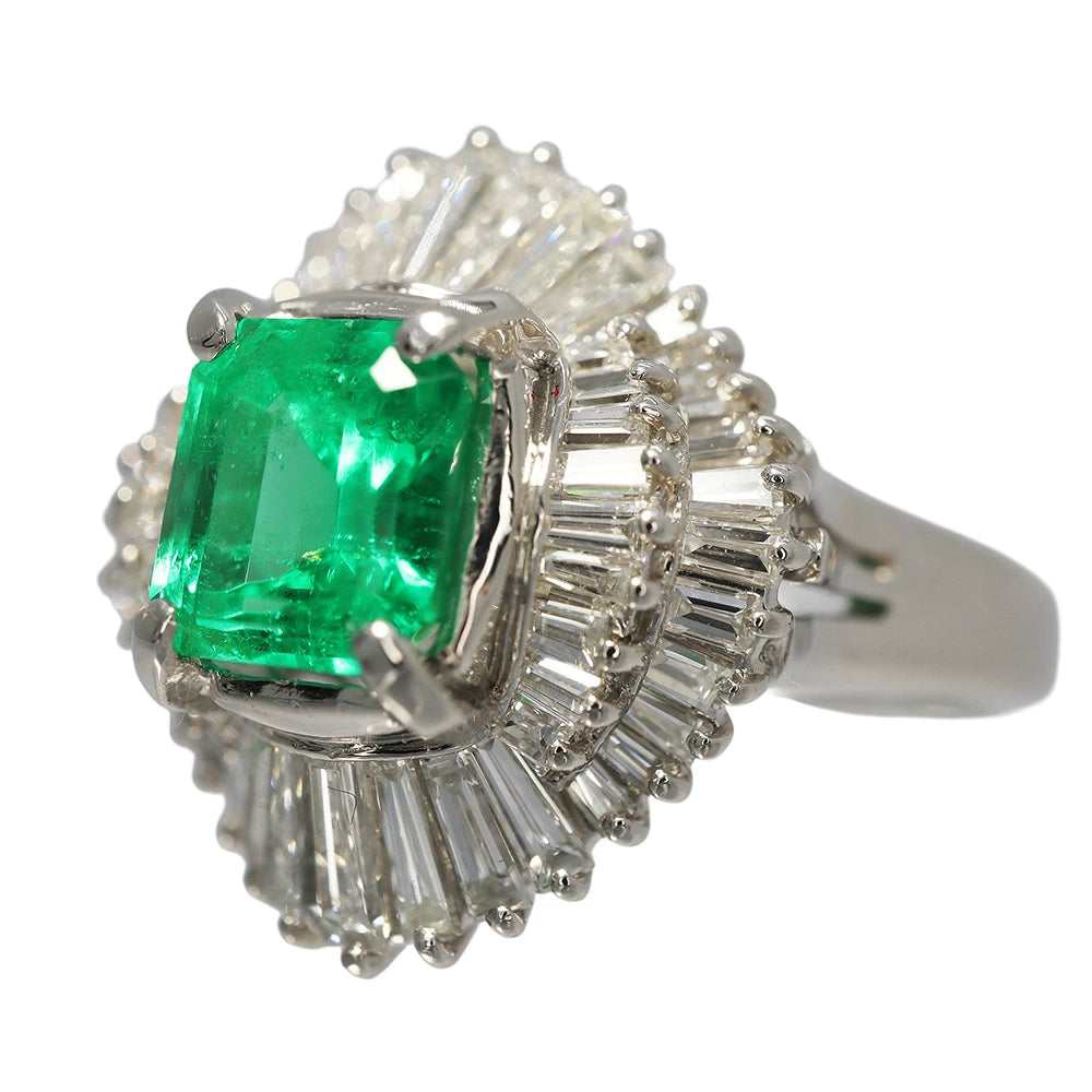 Platinum 900 Emerald 1.23ct Diamond 1.06ct Ballerina Ring