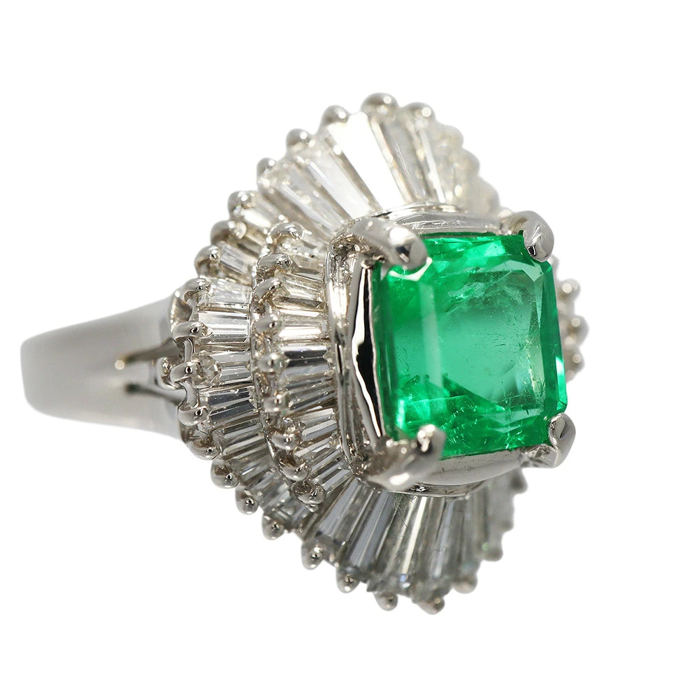 Platinum 900 Emerald 1.23ct Diamond 1.06ct Ballerina Ring
