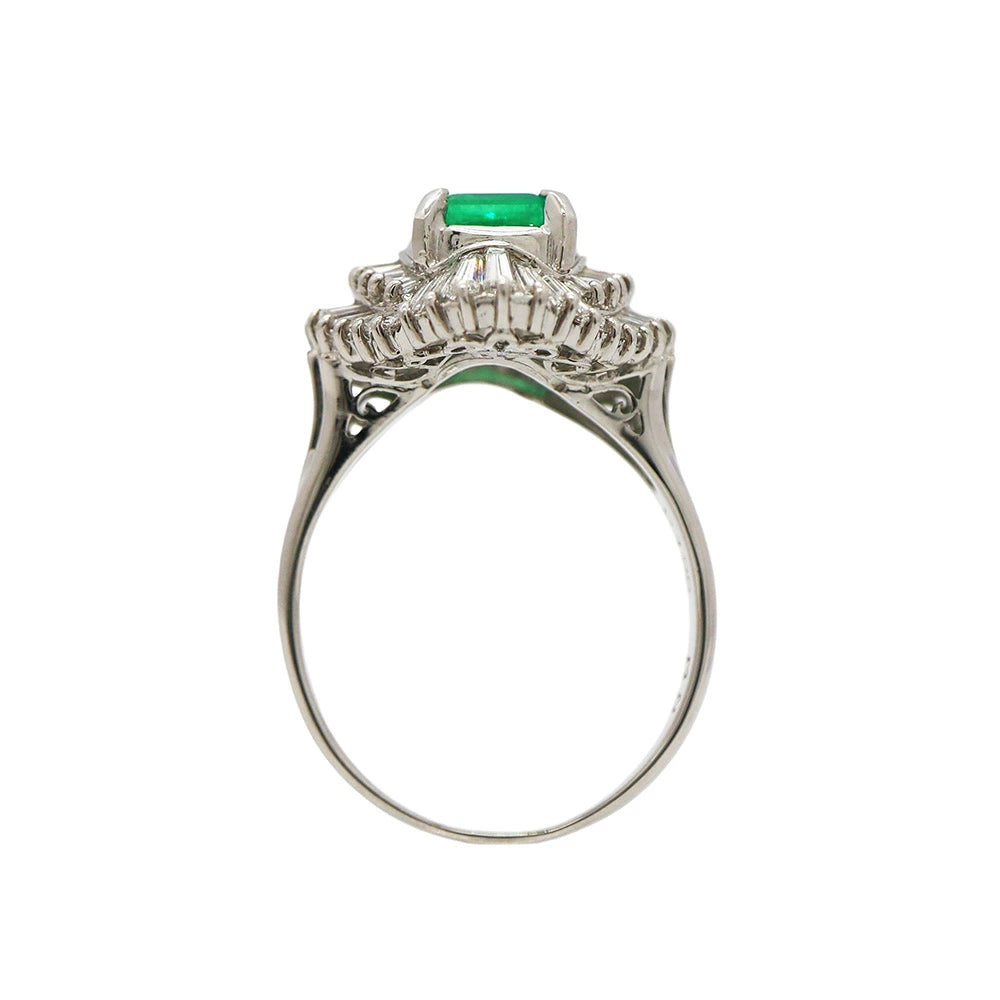 Platinum 900 Emerald 1.23ct Diamond 1.06ct Ballerina Ring