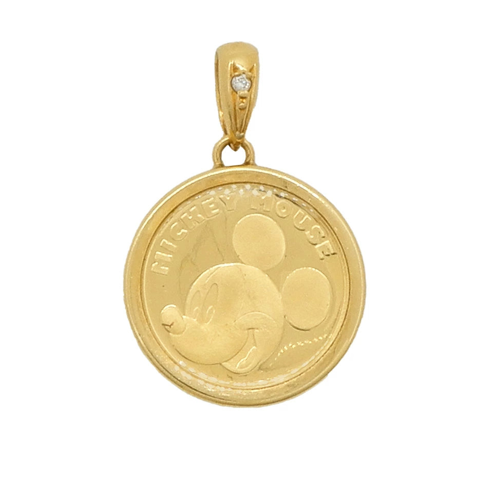 24K Gold Mickey Mouse 1/25oz Fine Gold Coin Pendant with 18K Yellow Gold Diamond Bail