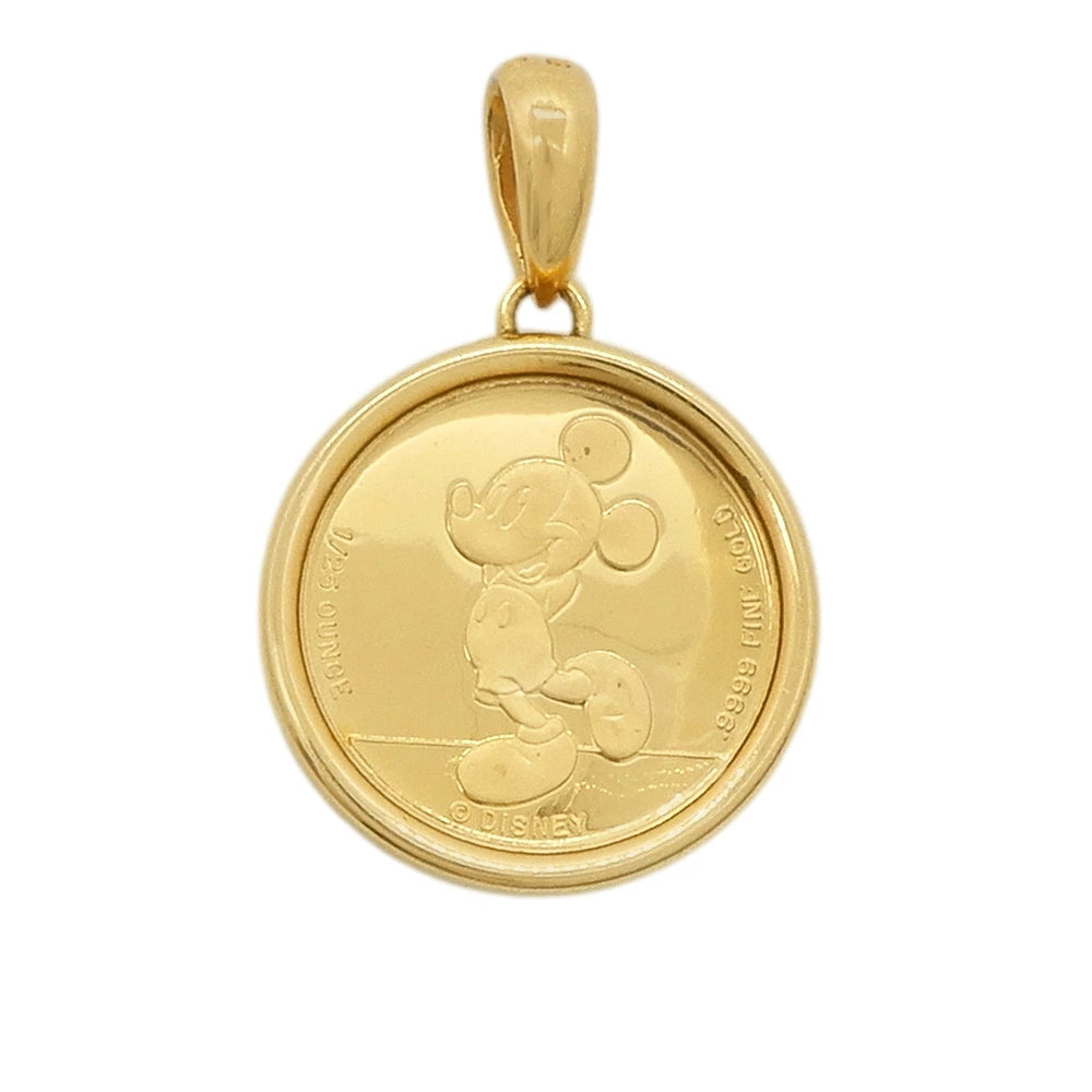 24K Gold Mickey Mouse 1/25oz Fine Gold Coin Pendant with 18K Yellow Gold Diamond Bail