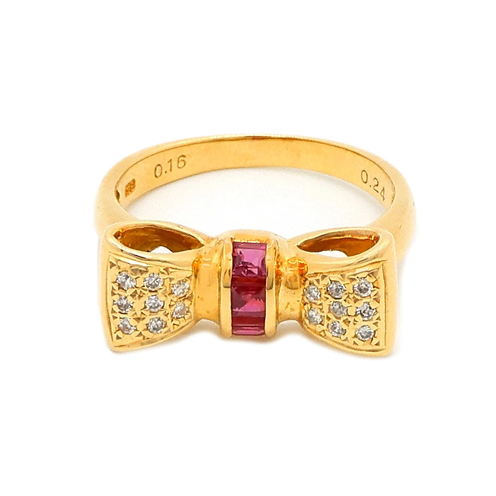 18K Yellow Gold Ruby 0.24ct Diamond 0.16ct Ribbon Bow Ring