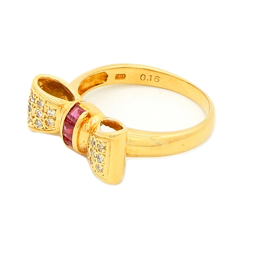 18K Yellow Gold Ruby 0.24ct Diamond 0.16ct Ribbon Bow Ring