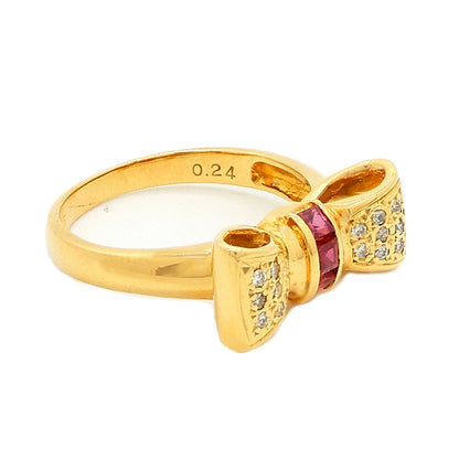 18K Yellow Gold Ruby 0.24ct Diamond 0.16ct Ribbon Bow Ring